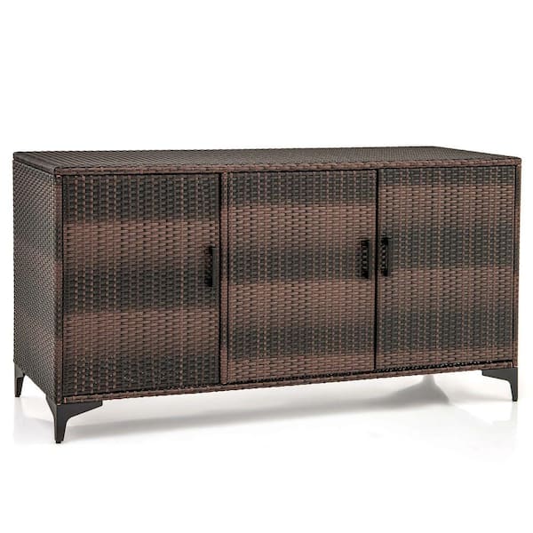 84 Gal. 3-Door Patio Wicker Storage Cabinet Deck Box with Removable Shelves Brown