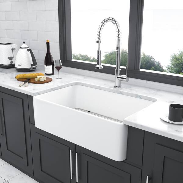 Unbranded 33 in. Farmhouse Single Bowl White Ceramic Kitchen Sink with Bottom Grids