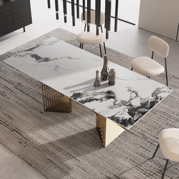Monland Modern Rectangle White Patek Philippe Stone Tabletop 55.12 in. Stainless Steel Double Pedestal Dining Table (4 Seats)