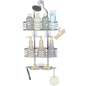 Over-The-Shower Caddy Organizer, Shower Storage Rack Shelf with Hooks and Soap Holder in Silver