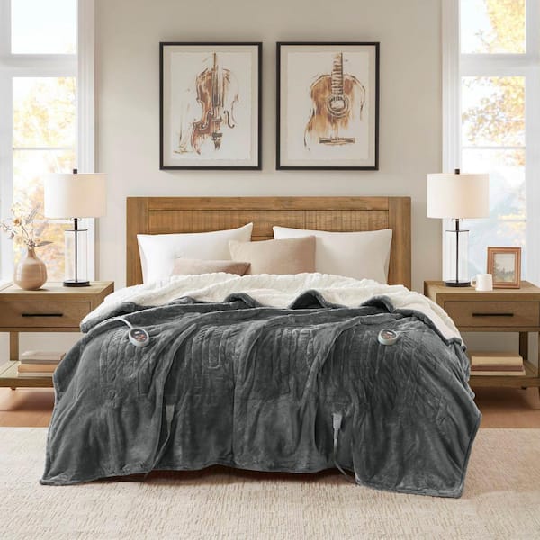 Woolrich Heated Plush to Berber Grey Polyester Twin Electric Blanket