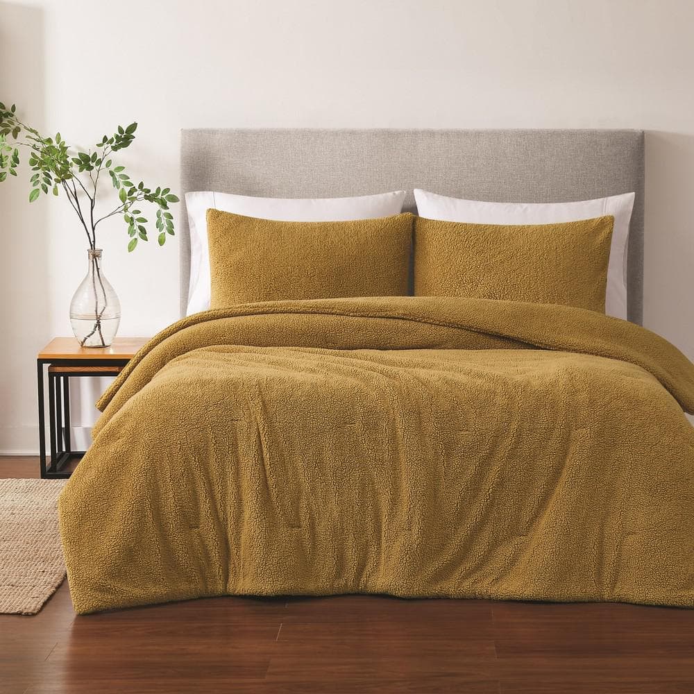 Brooklyn Loom Oversized Marshmallow Sherpa Polyester Mustard 3 Piece Queen Comforter Set