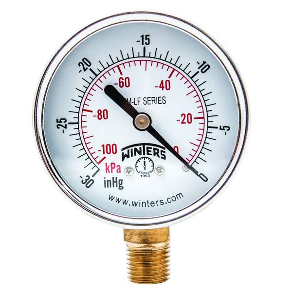 Winters Instruments PEM-LF Series 2.5 in. Lead-Free Brass Pressure Gauge with 1/4 in. NPT Bottom Connection and 0-30 in. VAC/kPa