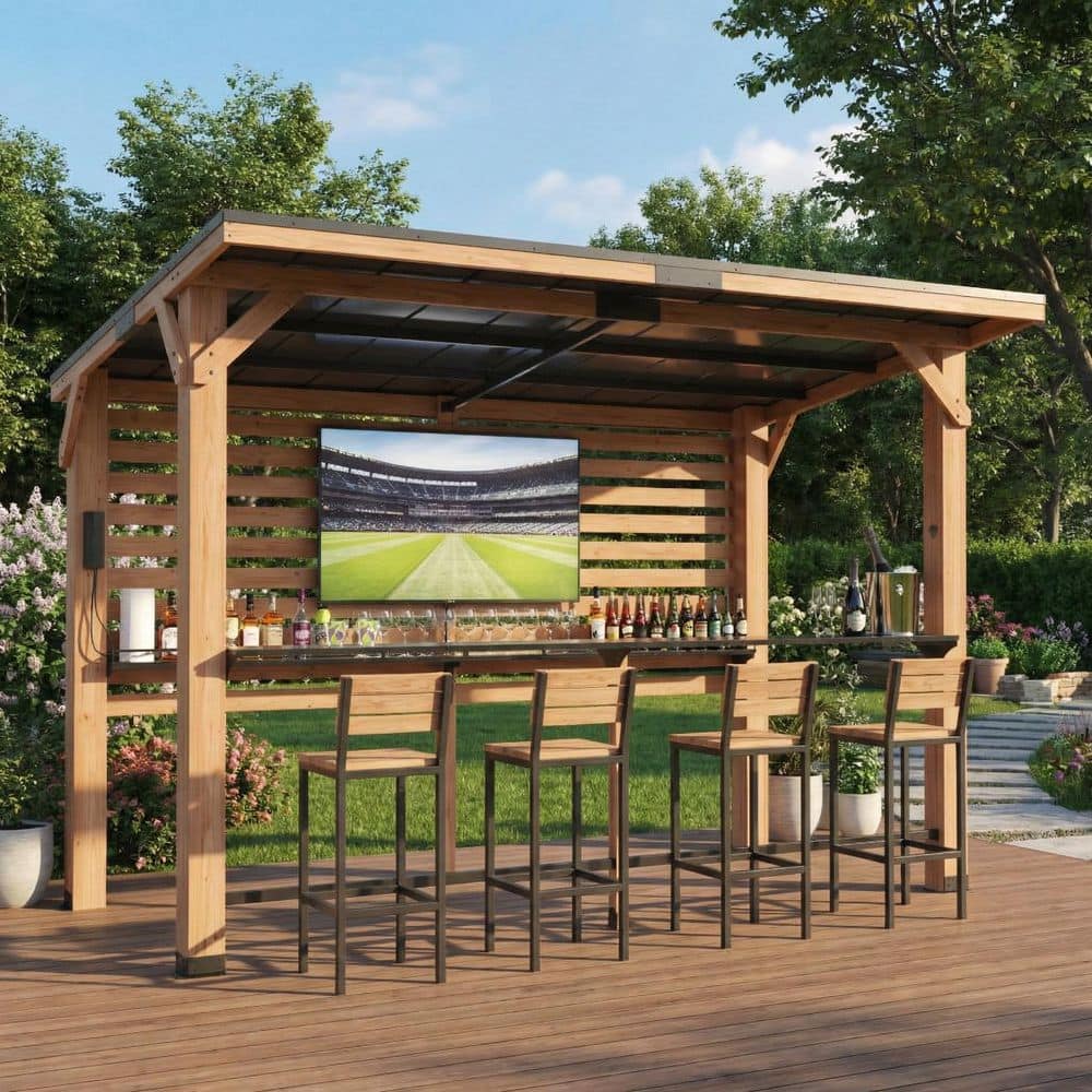 ELPOSUN 8 ft. x 10 ft. Solid Cedar Wood Gazebo Bar Pavilion with TV ...