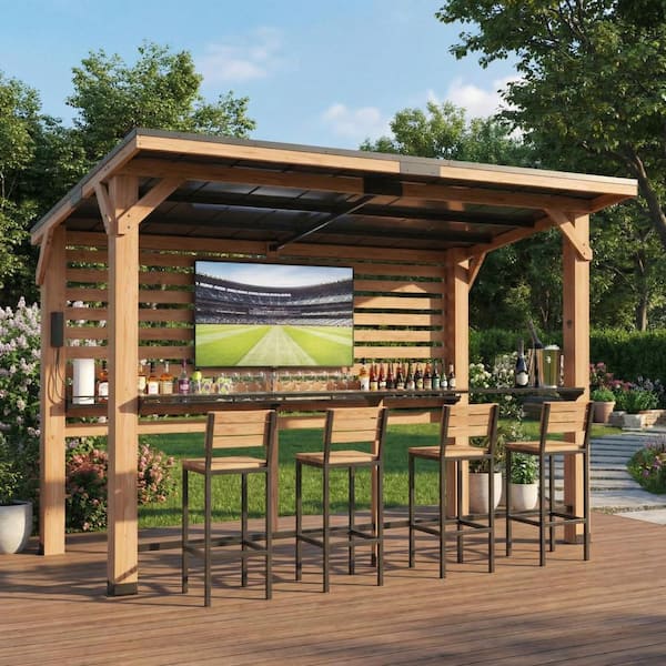 ELPOSUN 8 ft. x 10 ft. Solid Cedar Wood Gazebo Bar Pavilion with TV ...