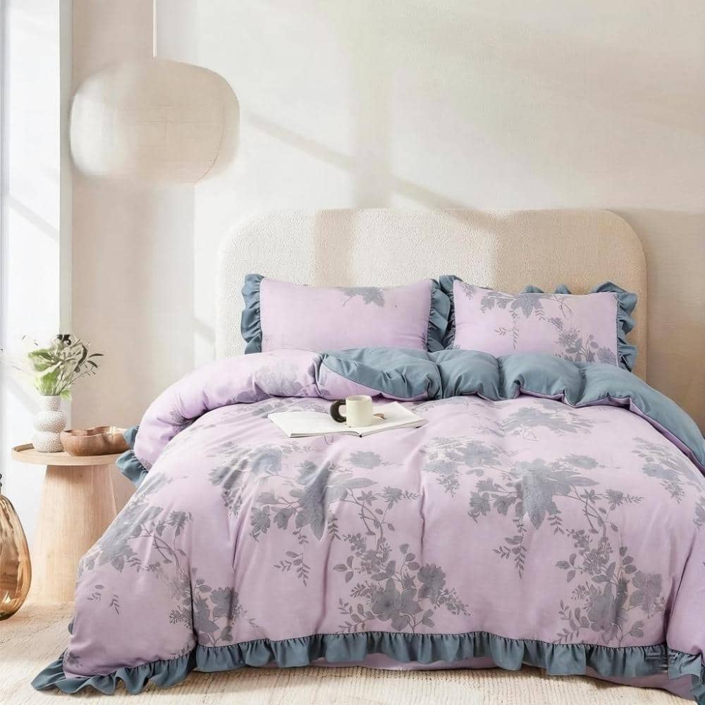 3-Piece Polyester Fiber Flounce Ruffled Floral Comforter Set Queen Size-Purple price history on PriceWatchPro
