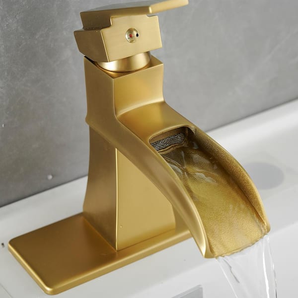 Single Handle Single Hole Bathroom Faucet with Deckplate and Drain Included, Waterfall Bathroom Faucet in Brushed Gold