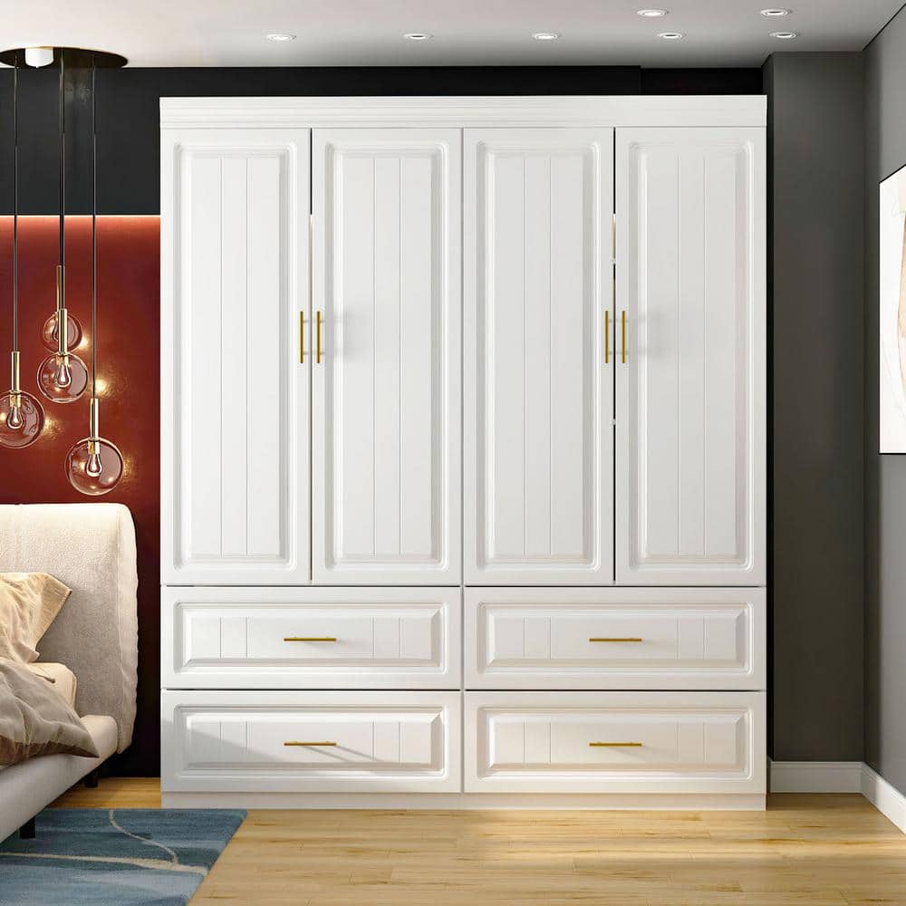 White Wood 63 in. W 4-Door Big Wardrobe Armoires with Hanging Rod, Drawers, Storage Shelves 74.2 in. H x 20.6 in. D - thumbnail 6