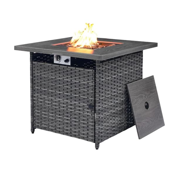moosprr 30 In. 50000 BTU Square Gray Wicker Outdoor Gas Fire Pit Table with Volcanic Stone