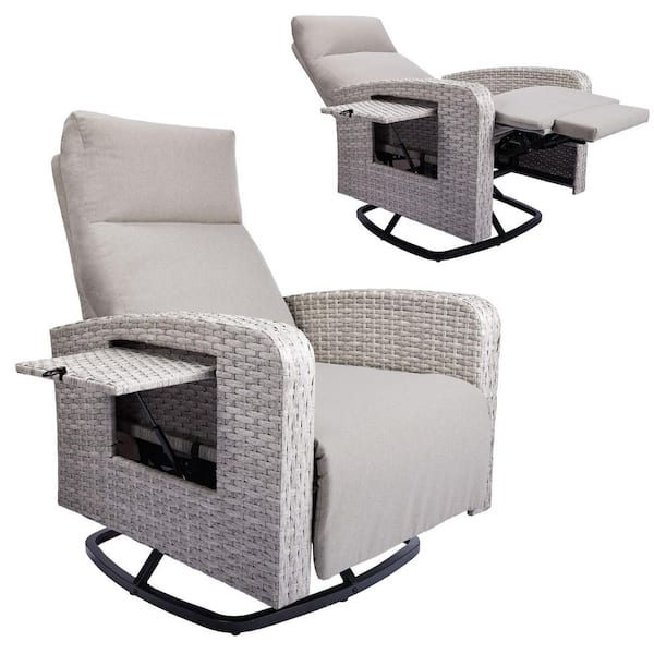 White Wicker Outdoor Swivel Reclining Chaise Lounge with Beige Cushions