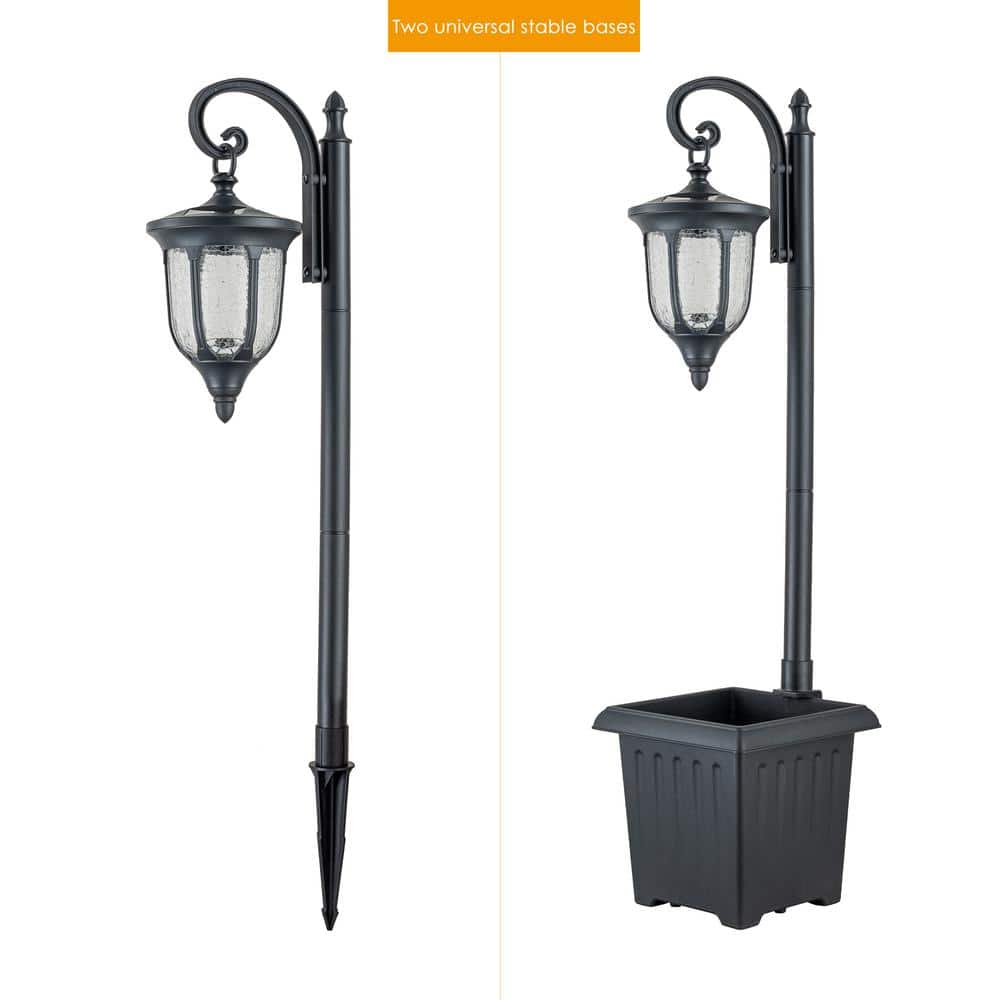 Black Solar Lamp Post with Planter and Crackle Glass Shade