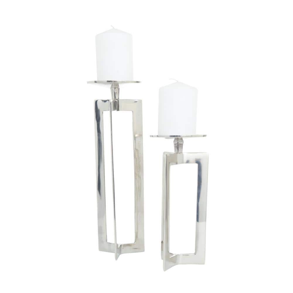Contemporary Silver Aluminum Geometric Pillar Candle Holders, Set of 2