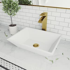 Matte Stone Vinca Composite Rectangular Vessel Bathroom Sink in White with Duris Faucet and Pop-Up Drain in Matte Gold
