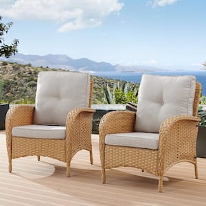 Wicker Yellow Outdoor Patio Flat Handrail Lounge Chair with CushionGuard Cushions in Beige 2-Piece