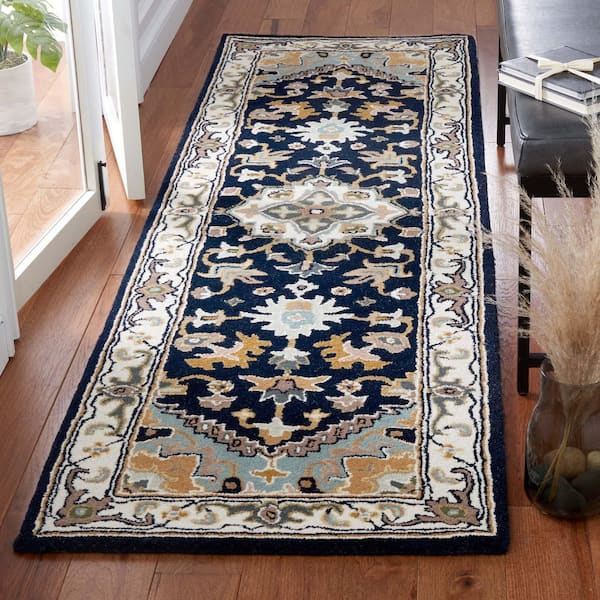 Heritage Navy/Ivory 2 ft. x 14 ft. Border Floral Medallion Runner Rug