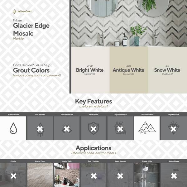 Glacier Edge White and Gray 9.875 in. x 11.25 in. Chevron Honed Marble Floor and Wall Mosaic Tile (0.771 sq. ft./Each) Glacier Edge White and Gray 9.875 in. x 11.25 in. Chevron Honed Marble Floor and Wall Mosaic Tile (0.771 sq. ft./Each)