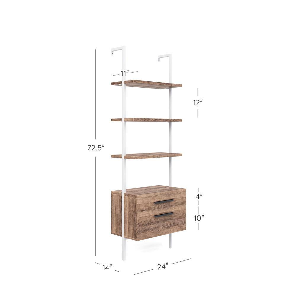 Theo Oak and White 3-Tier Ladder Bookshelf with Storage Drawers