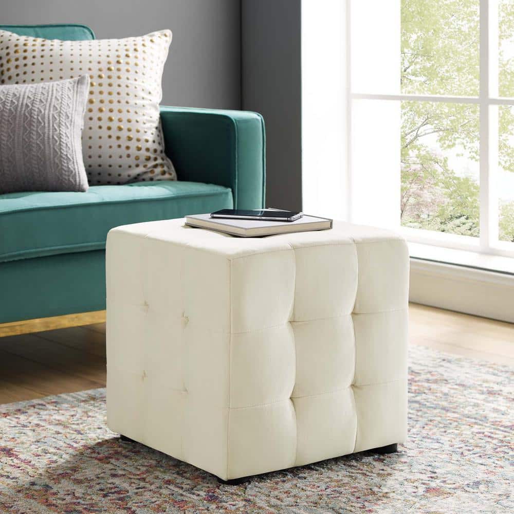 Ivory Tufted Cube Performance Velvet Ottoman