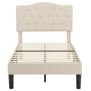 Bed Frame with Button, Beige Wood Frame Slat Support Easy Assembly - Twin Platform Bed Frame With Upholstered Headboard