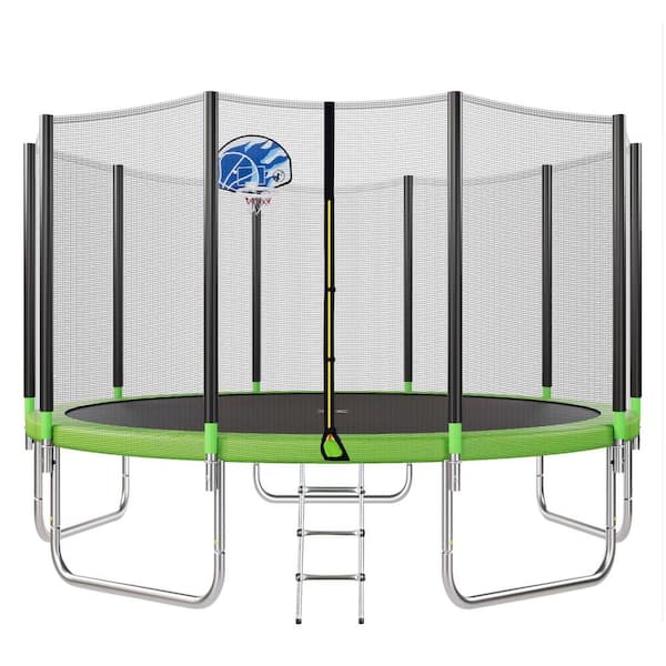 TIRAMISUBEST T-Adventurer 15 ft. Trampoline for Kids with Safety Enclosure Net, Basketball Hoop and Ladder, Easy Assembly