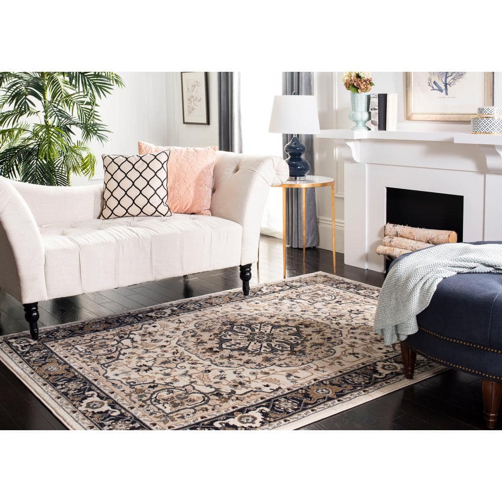 Safavid Style Cream and Navy Synthetic Square Area Rug