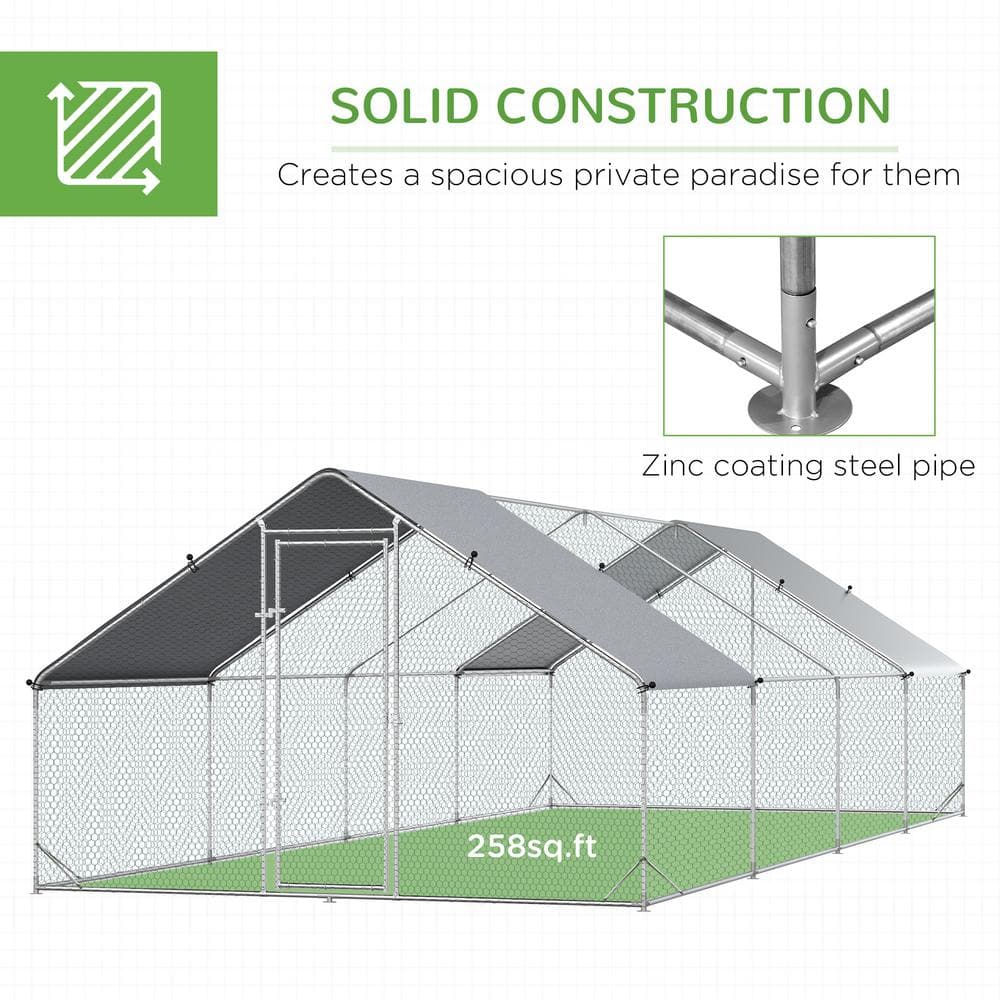 Large Silver Metal Chicken Coop with UV-Resistant Cover