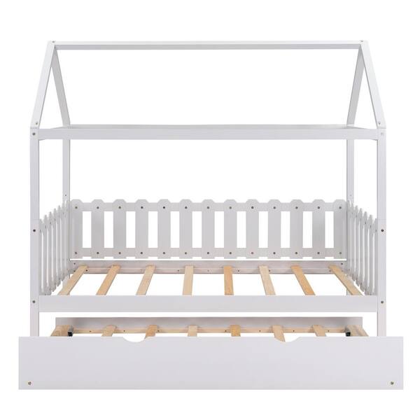 URTR White Twin Size Wooden House Bed with Trundle, House Shape Floor ...
