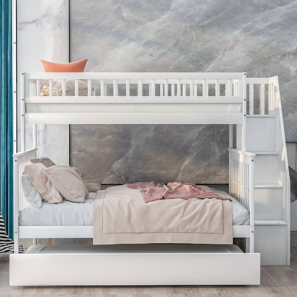 Qualler White Twin over Full Stairway Bunk Bed with Trundle