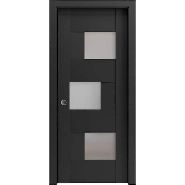 VDOMDOORS 18 in. x 84 in. 1 Panel Black Matte Finished MDF Sliding Door with Hardware