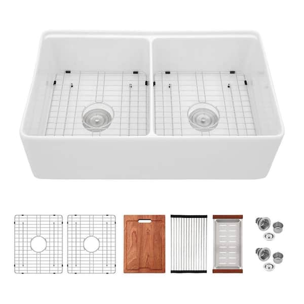 33 in. Farmhouse Apron Front Double Bowl Round Corner Workstation Kitchen Sink in White Ceramic with Bottom Grid