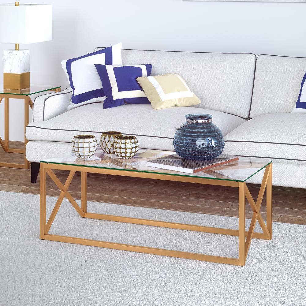 Mid-Century Modern Geometric Brass & Glass Coffee Table, 46" Wide