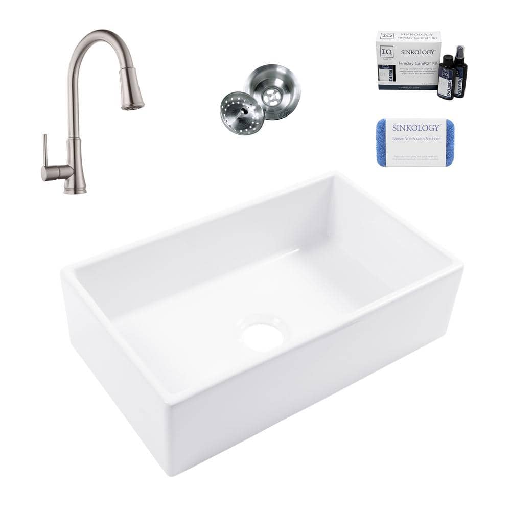Turner White Fireclay 30" Single Bowl Farmhouse Kitchen Sink with Stainless Steel Faucet