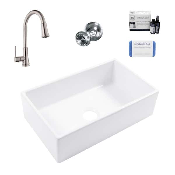 SINKOLOGY Turner 30 in. Farmhouse Apron Front Undermount Single Bowl Crisp White Fireclay Kitchen Sink with Pfirst Faucet Kit