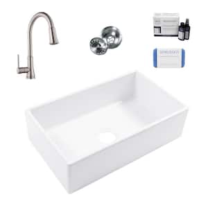 Turner 30 in. Farmhouse Apron Front Undermount Single Bowl Crisp White Fireclay Kitchen Sink with Pfirst Faucet Kit
