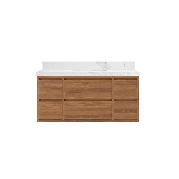 Willow Collections Madison Float 48 in. W x 22 in. D x 36 in. H Single Sink Bath Vanity in Dark Natural with 2" Calacatta Nuvo quartz Top