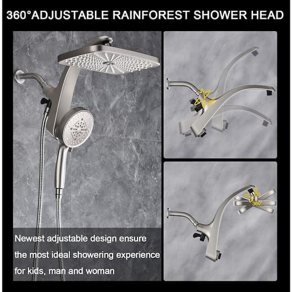 Numhew 2-Piece High Pressure Rain Shower Head in Nickel with Fixed