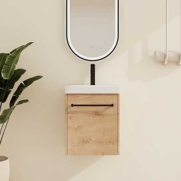 17.3 in. W x 13.5 in. D x 21.3 in. H Single Wall-Mounted Oak Bath Vanity with White Ceramic Vanity Top