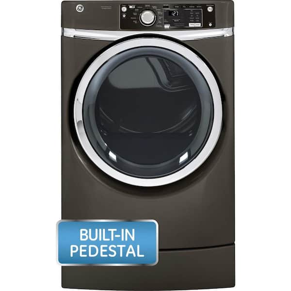 GE 8.1 cu. ft. Right Height Front Load Electric Dryer with Steam in Metallic Carbon with Pedestal Included