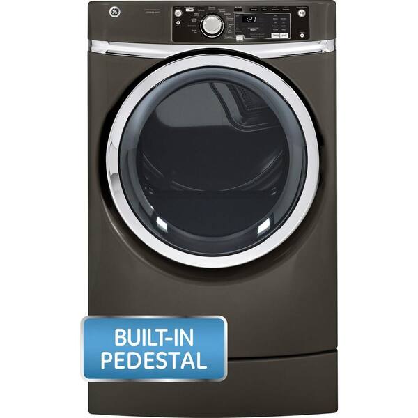 GE 8.1 cu. ft. Right Height Front Load Gas Dryer with Steam in Metallic Carbon Pedestal Included