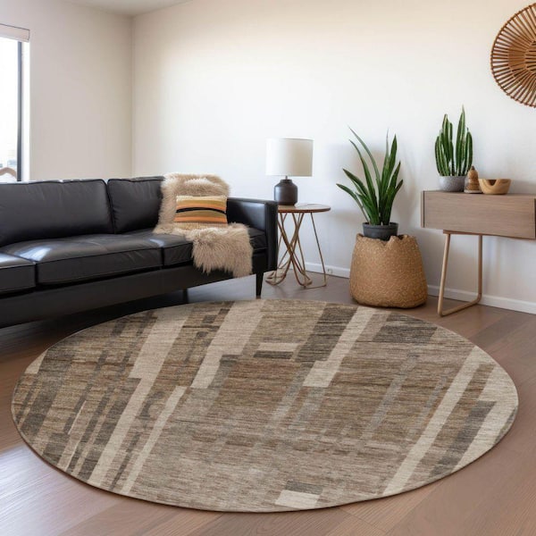 Mayfield Premium Machine Washable Abstract AMF1063 Brown 8 ft. x 8 ft. Round Rug