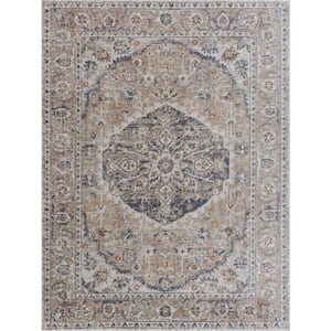 Hiti 3 ft. X 10 ft. Blue, Olive, Tan, Ivory, Beige Traditional Medallion Oriental Style Machine Washable Runner Rug