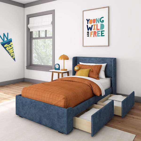 Blue Twin Upholstered Bed with Storage Drawers