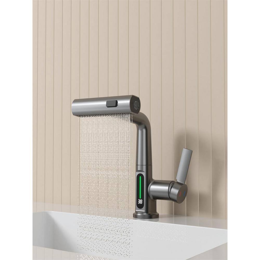 Single Handle Pull Out LED Digital Display Kitchen Faucet Stainless Steel w