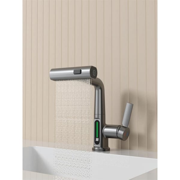 Unbranded Single Handle Pull Out LED Digital Display Kitchen Faucet Stainless Steel with Deckplate Bathroom Basin Faucet in Gray