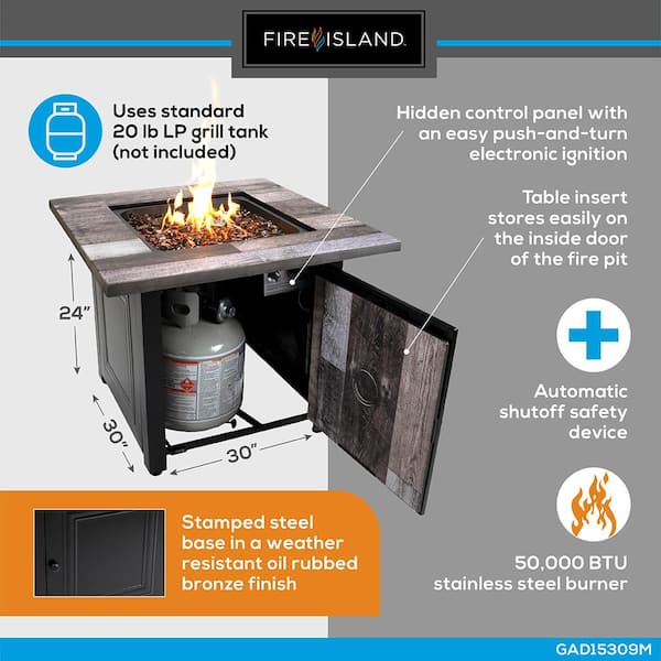 Fire Island 30 In W X 24 6 In H Square Steel Uv Printed Propane Rustic Wood Oil Rubbed Bronze Look Fire Pit Base 50k Btu Burner Gad15309m The Home Depot