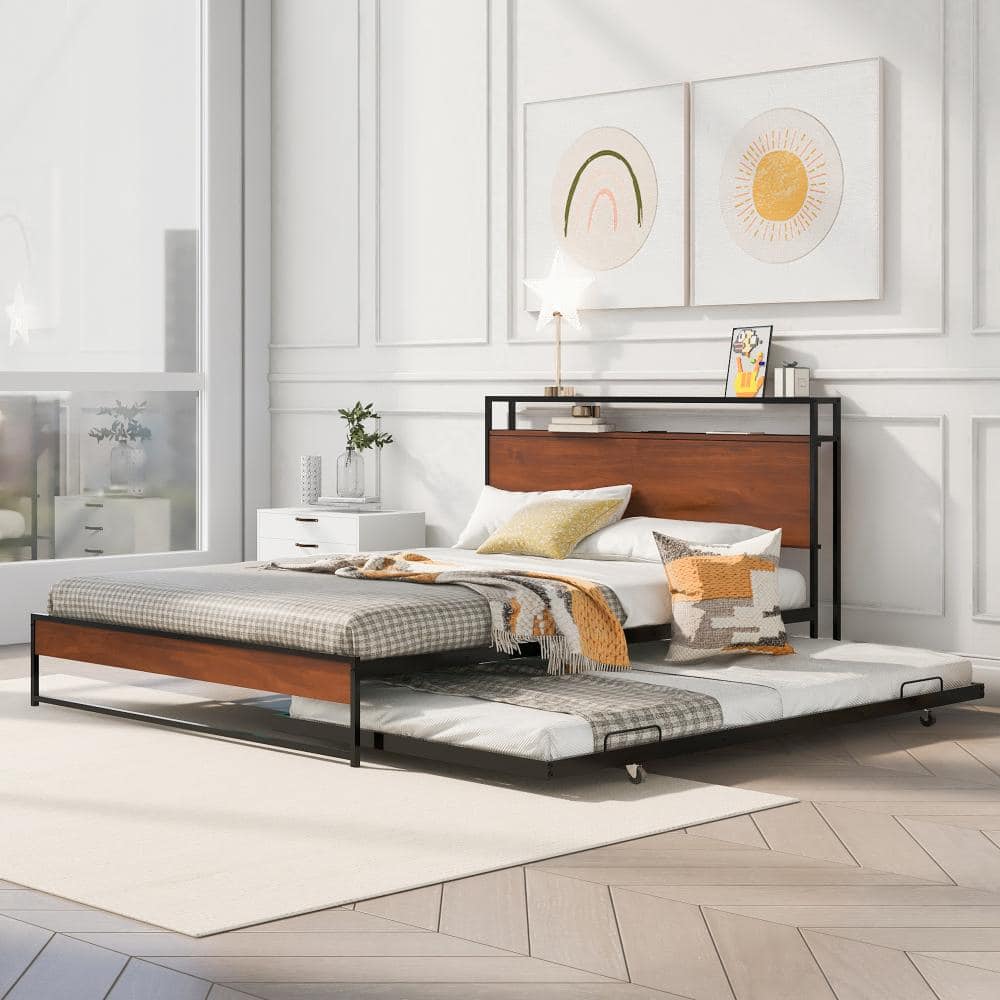 Black Queen Size Metal Platform Bed with Trundle, USB Ports and Slat Support price history on PriceWatchPro