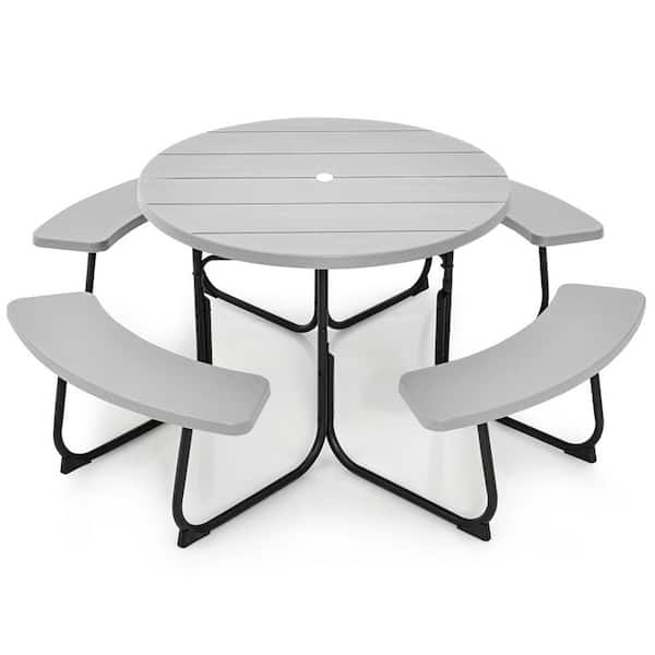 Boyel Living 75 in. W Gray Round Composite Outdoor Picnic Table Bench Set for 8-Person with Umbrella Hole