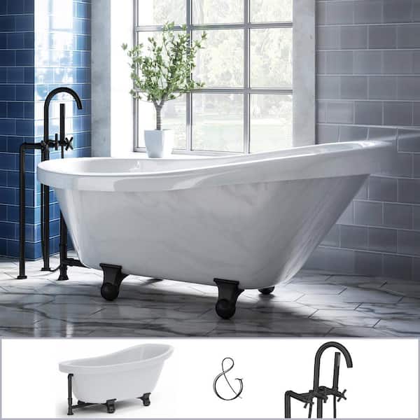 PELHAM & WHITE Brookdale 60 in. Acrylic Slipper Clawfoot Bathtub in White, Cannonball Feet, Floor-Mount Faucet in Matte Black