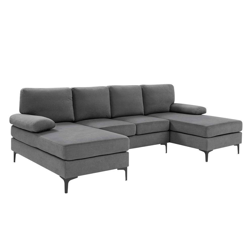 Front view of a dark grey U-shaped sectional sofa with double chaises.