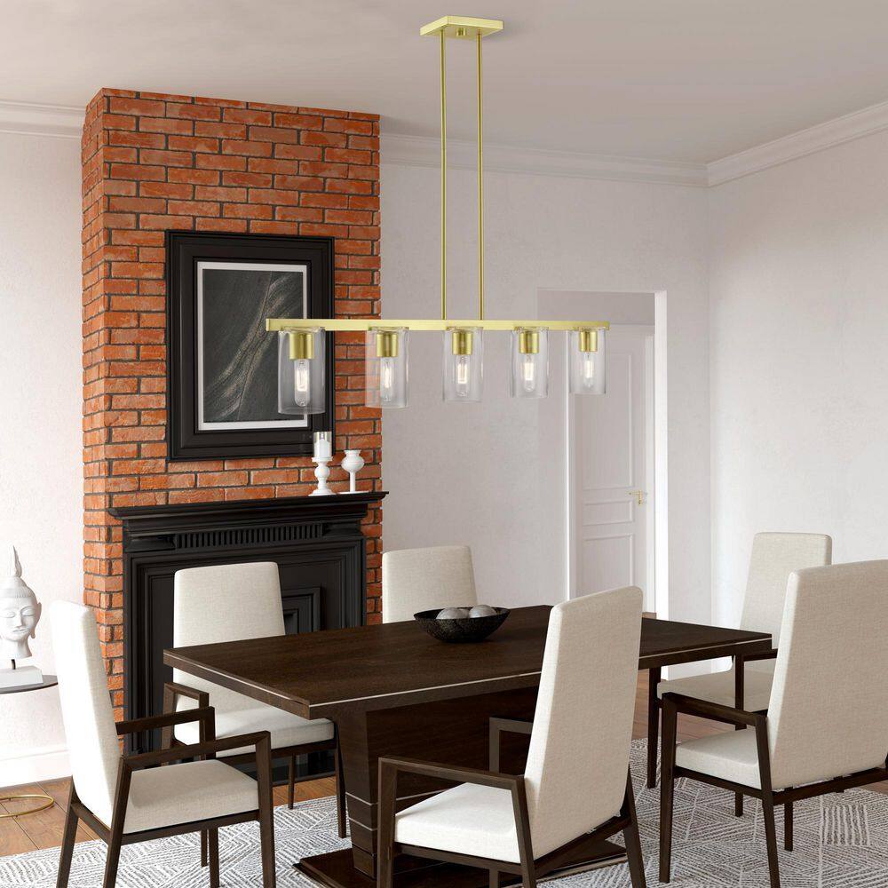 Clarion Sleek Satin Brass 5-Light Linear Chandelier with Clear Glass